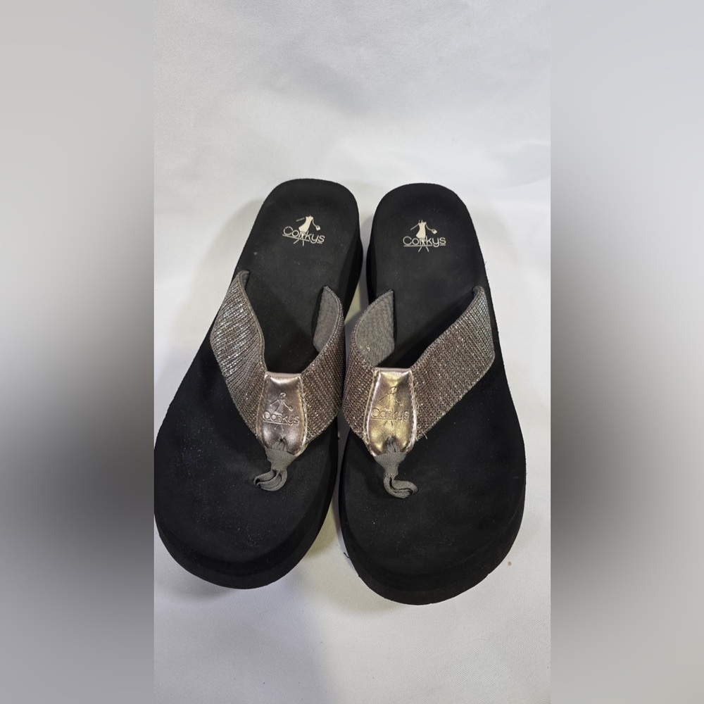 Corkys Angelica Black/Silver Sparkling Flip Flops Size 10